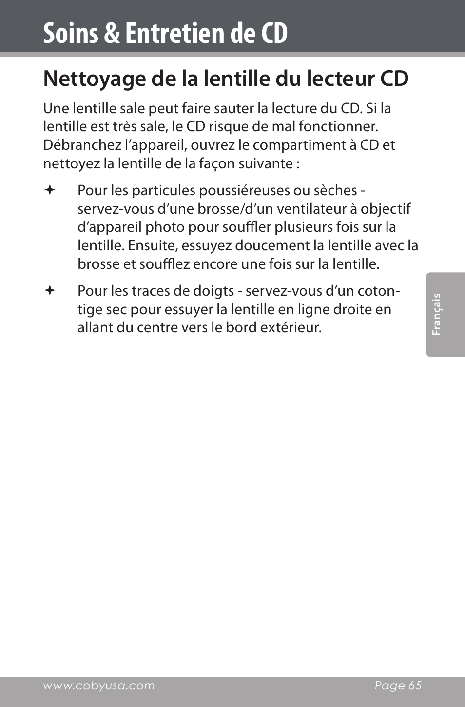 Soins & entretien de cd, Nettoyage de la lentille du lecteur cd | COBY electronic CDRA147 User Manual | Page 65 / 76