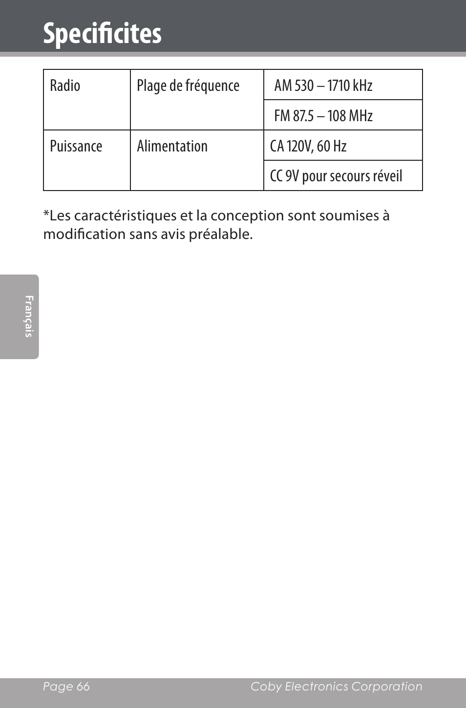 Specificites | COBY electronic CDRA147 User Manual | Page 66 / 76