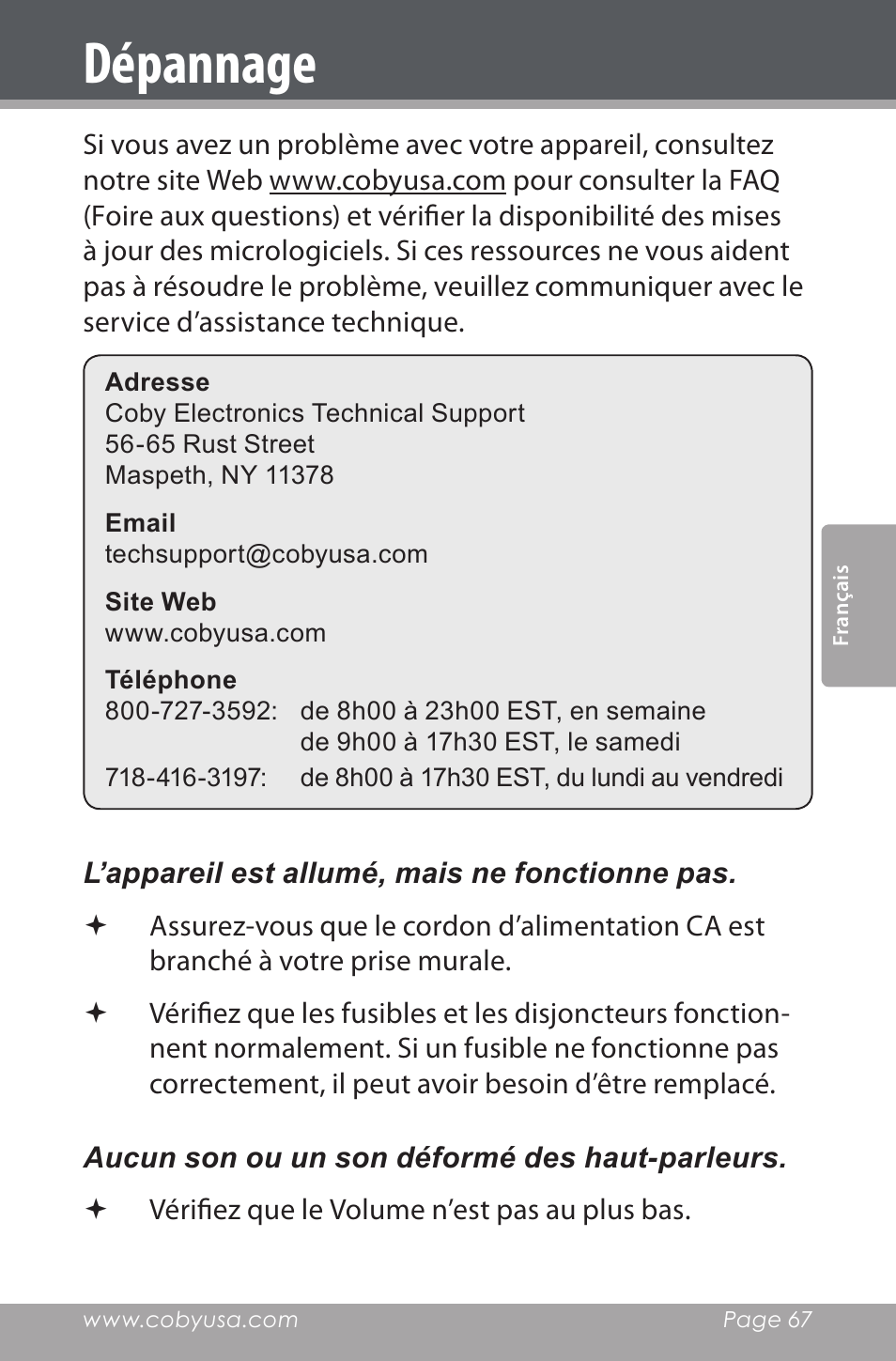 Dépannage | COBY electronic CDRA147 User Manual | Page 67 / 76