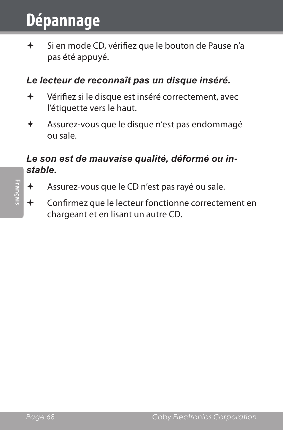 Dépannage | COBY electronic CDRA147 User Manual | Page 68 / 76