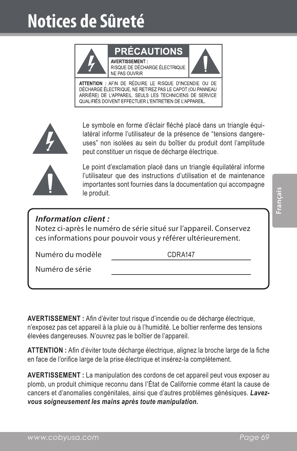 Notices de sûreté | COBY electronic CDRA147 User Manual | Page 69 / 76