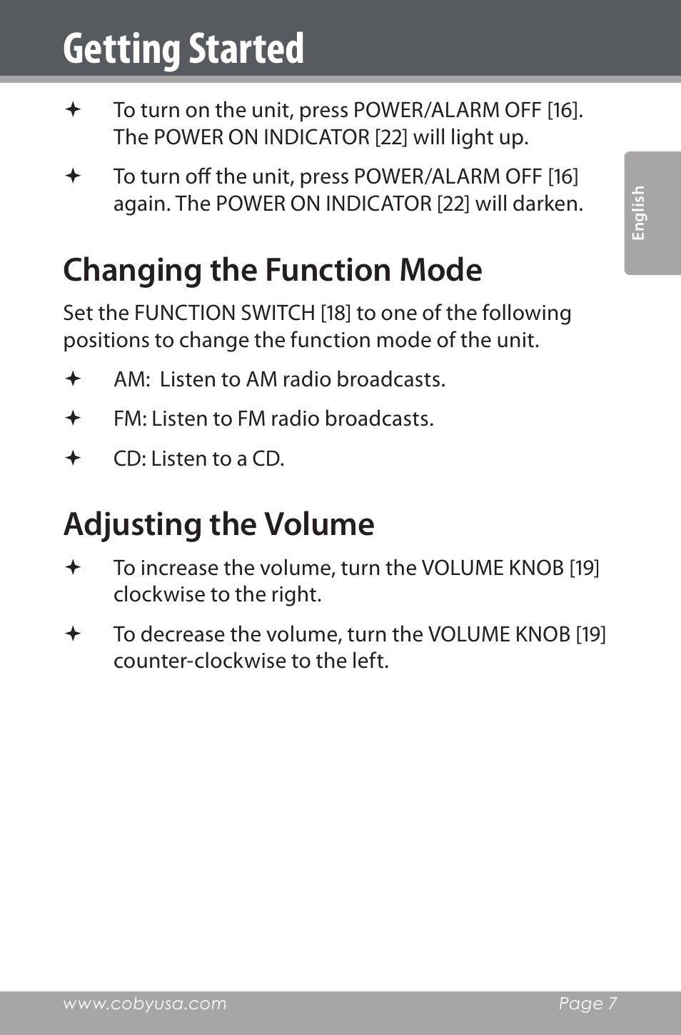 Changing the function mode, Adjusting the volume, Getting started | COBY electronic CDRA147 User Manual | Page 7 / 76