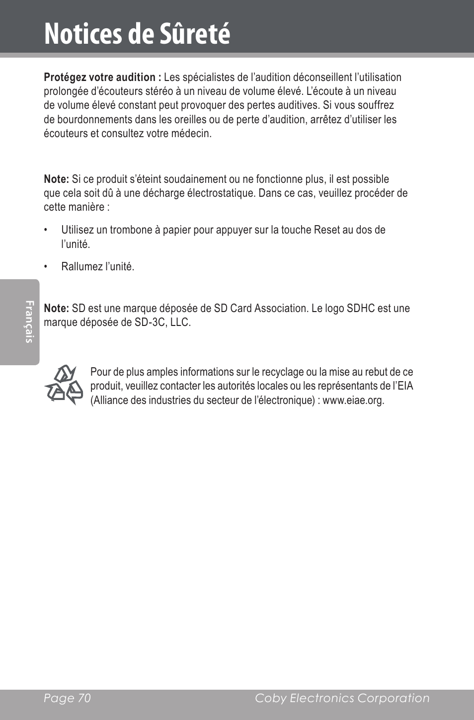 Notices de sûreté | COBY electronic CDRA147 User Manual | Page 70 / 76
