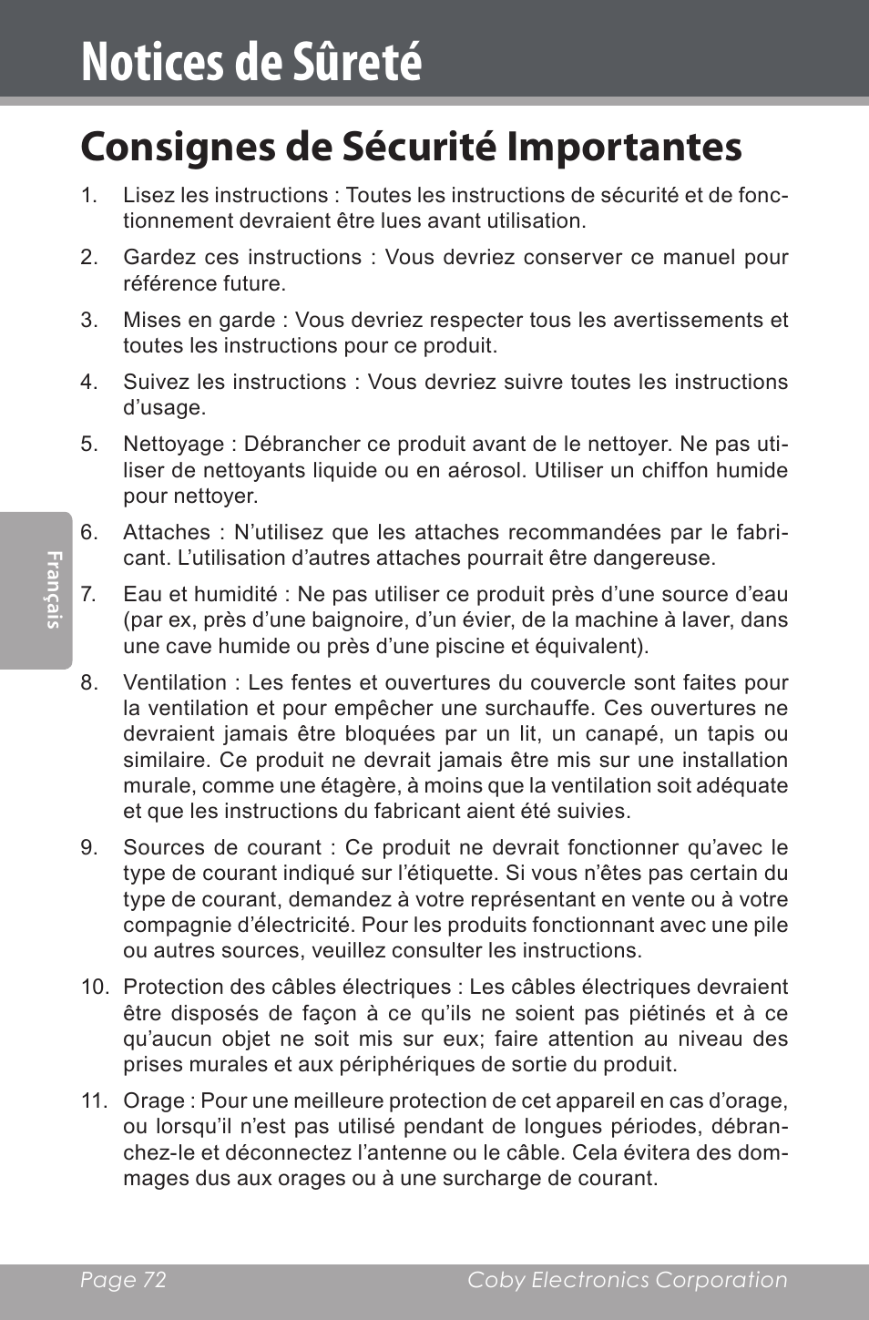 Notices de sûreté, Consignes de sécurité importantes | COBY electronic CDRA147 User Manual | Page 72 / 76