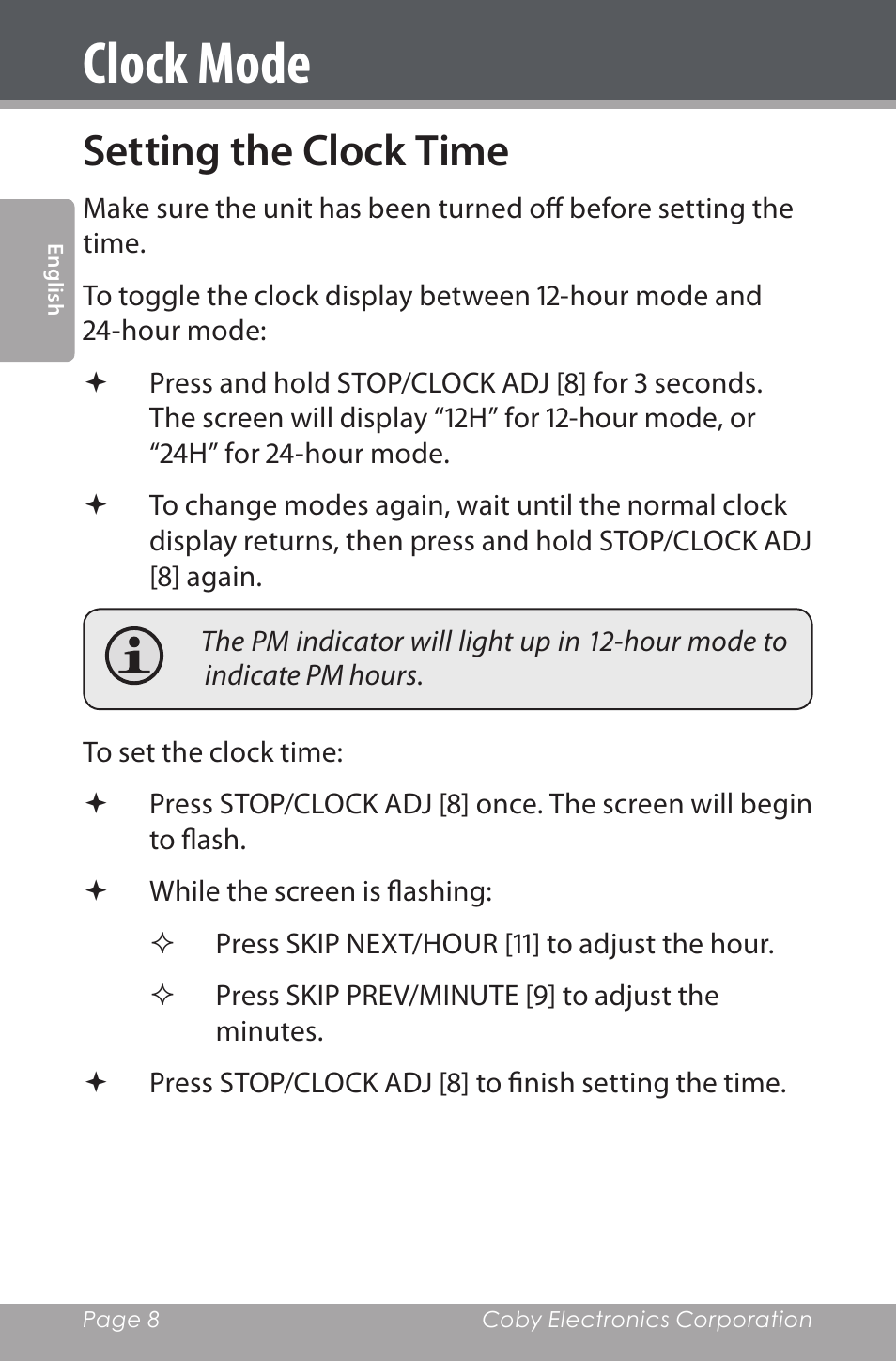 Clock mode, Setting the clock time | COBY electronic CDRA147 User Manual | Page 8 / 76