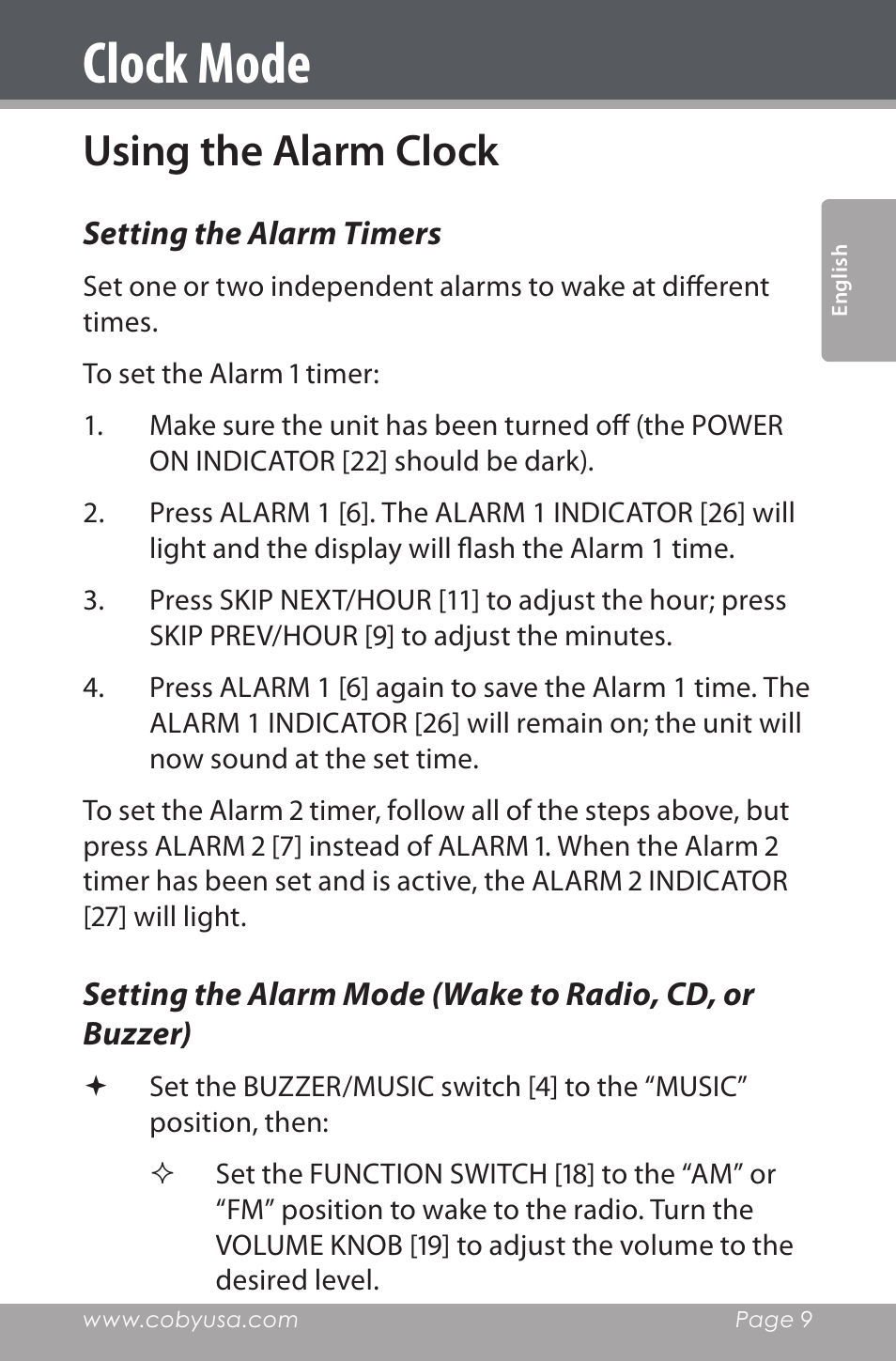 Using the alarm clock, Setting the alarm timers, Clock mode | COBY electronic CDRA147 User Manual | Page 9 / 76