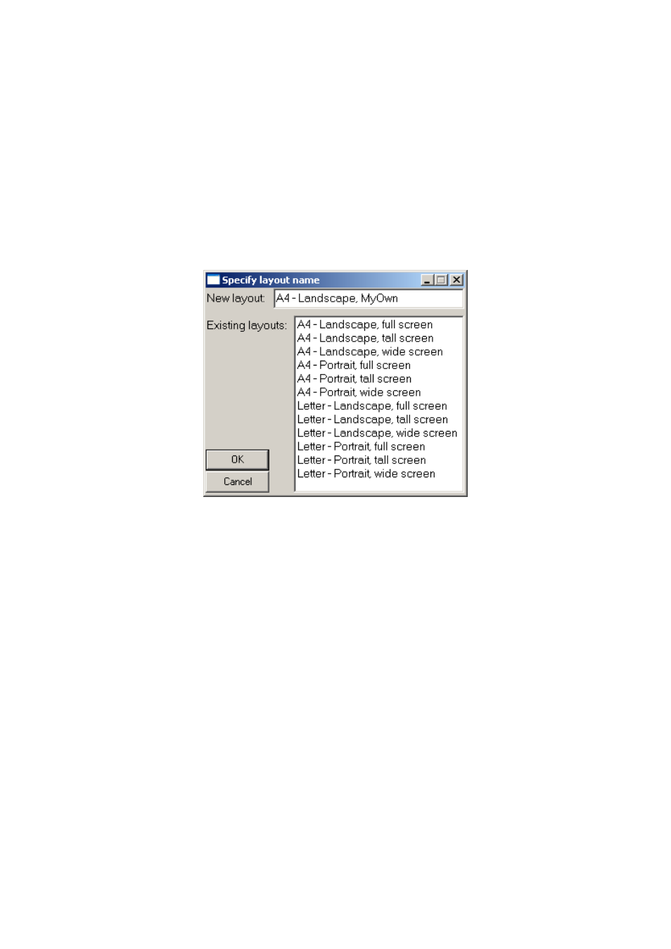 Setting the name of a new layout, Layout manager, Fig. 5.1.1.1. - specify layout name window | Dataman 520 Series User Manual | Page 63 / 94