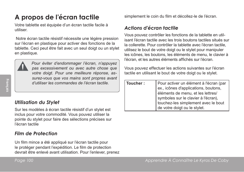 A propos de l’écran tactile | COBY electronic MID8120 User Manual | Page 100 / 136