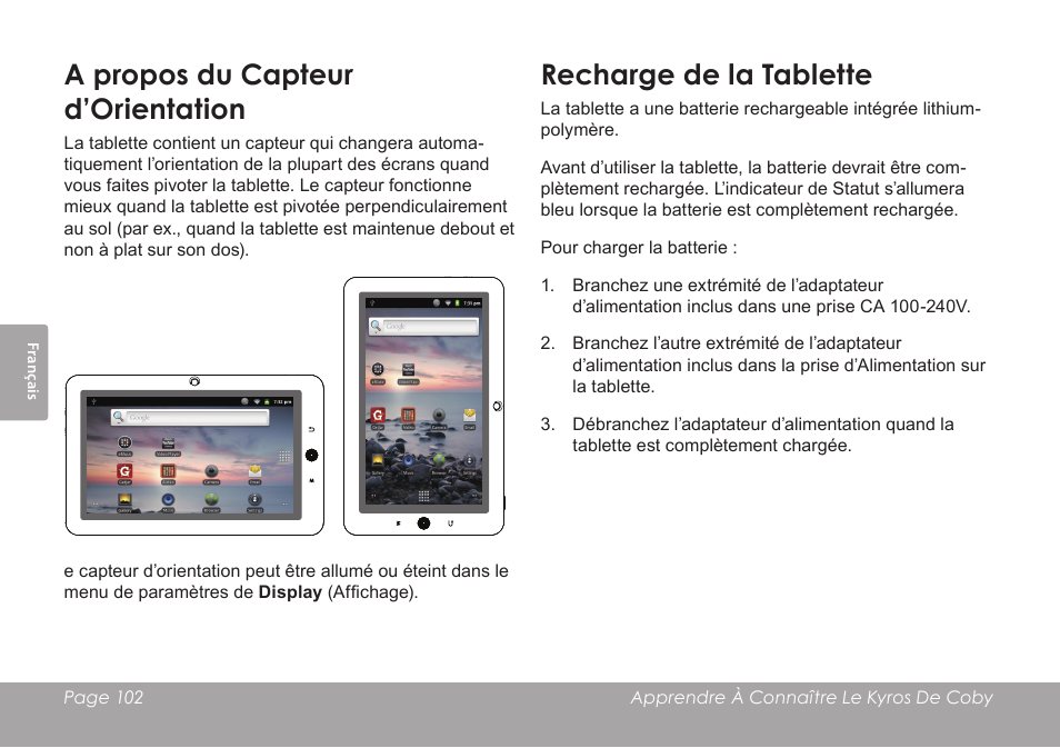 A propos du capteur d’orientation, Recharge de la tablette | COBY electronic MID8120 User Manual | Page 102 / 136