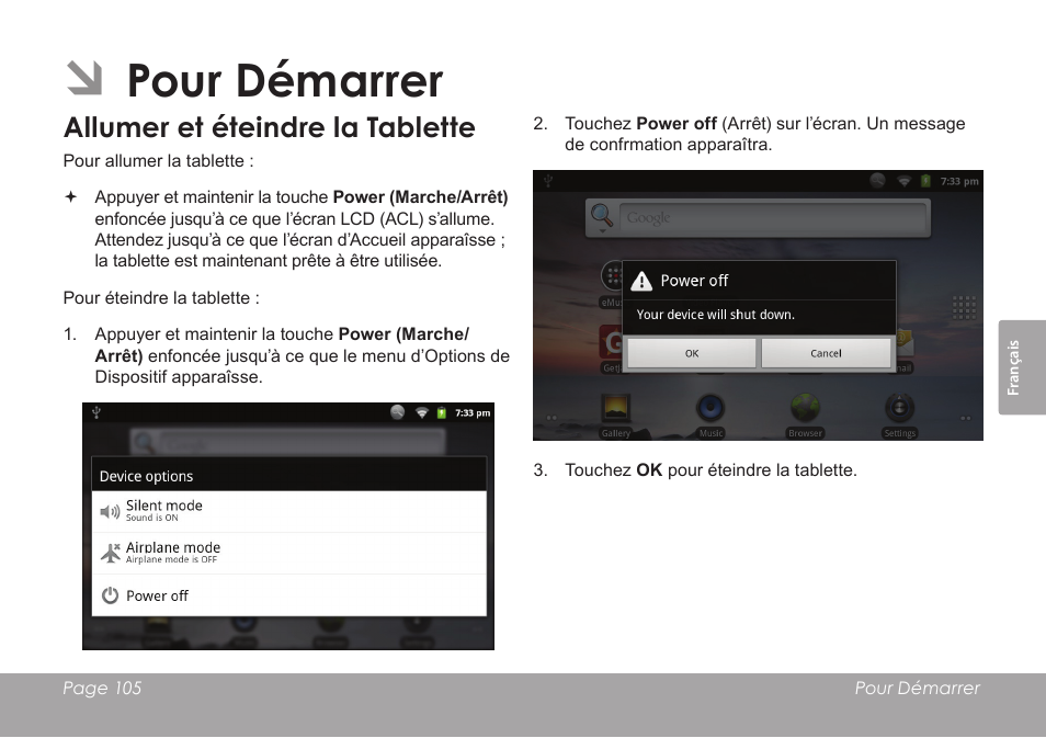 Pour démarrer, Allumer et éteindre la tablette | COBY electronic MID8120 User Manual | Page 105 / 136