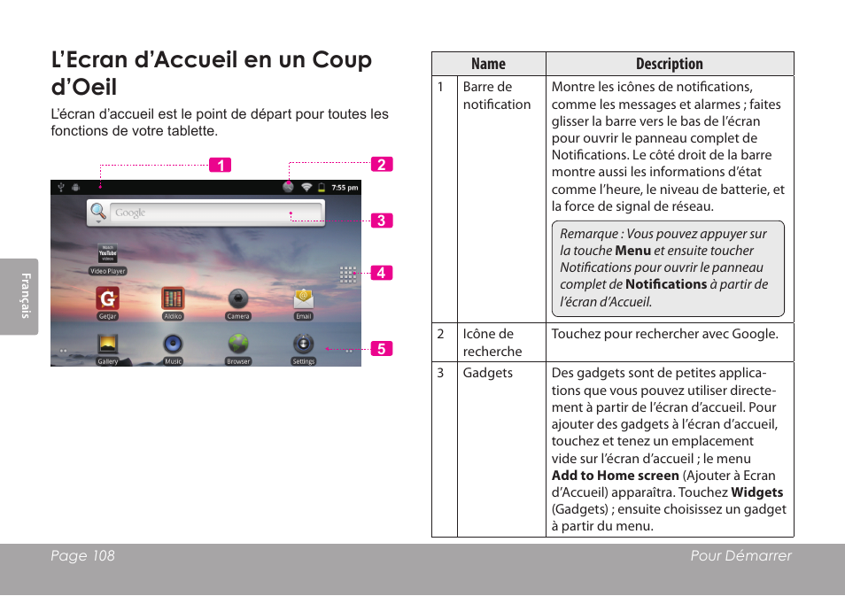 L’ecran d’accueil en un coup d’oeil | COBY electronic MID8120 User Manual | Page 108 / 136