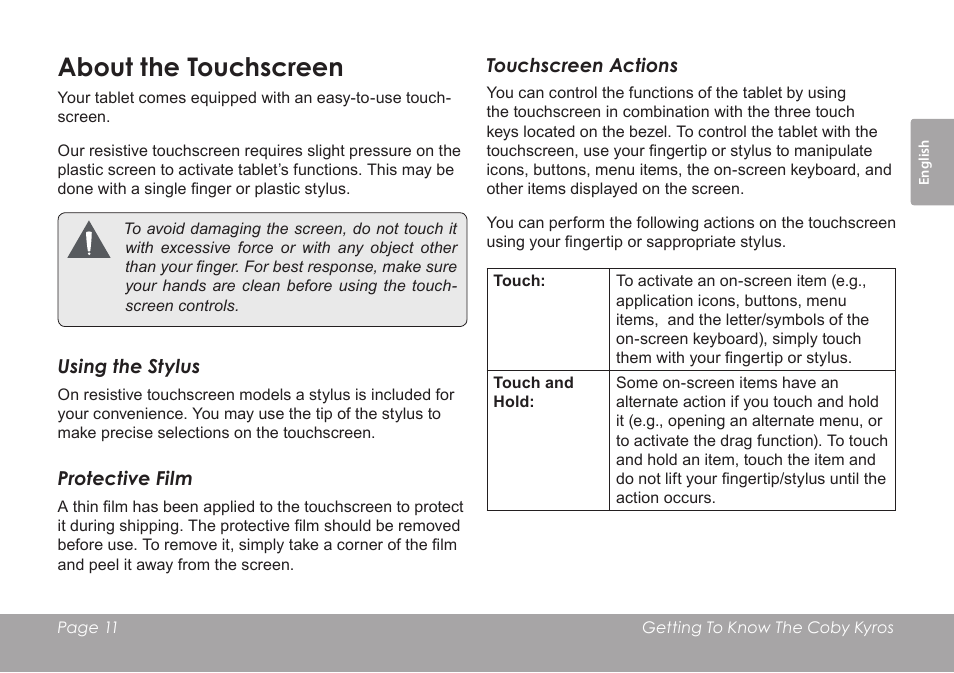 About the touchscreen | COBY electronic MID8120 User Manual | Page 11 / 136