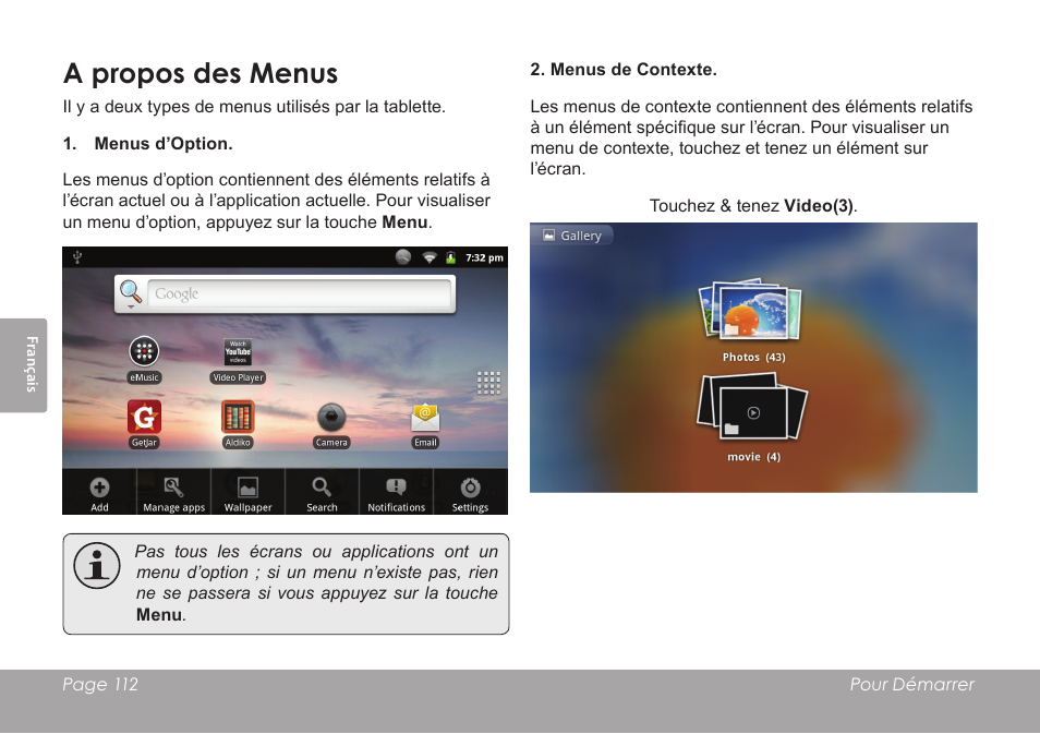 A propos des menus | COBY electronic MID8120 User Manual | Page 112 / 136