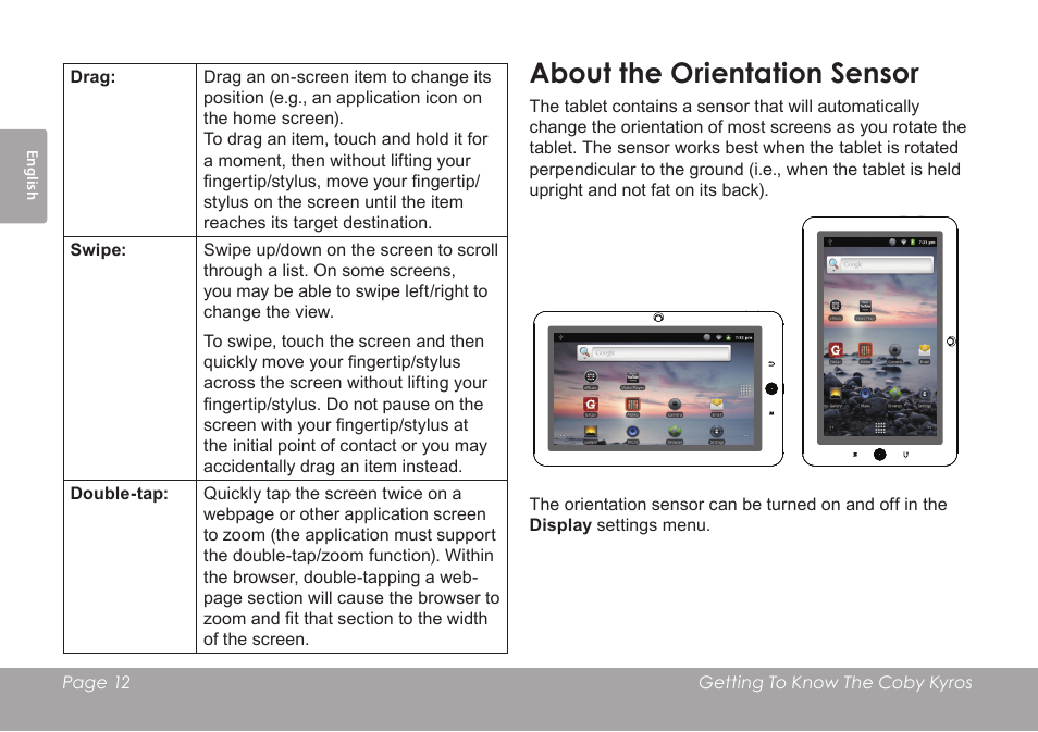About the orientation sensor | COBY electronic MID8120 User Manual | Page 12 / 136