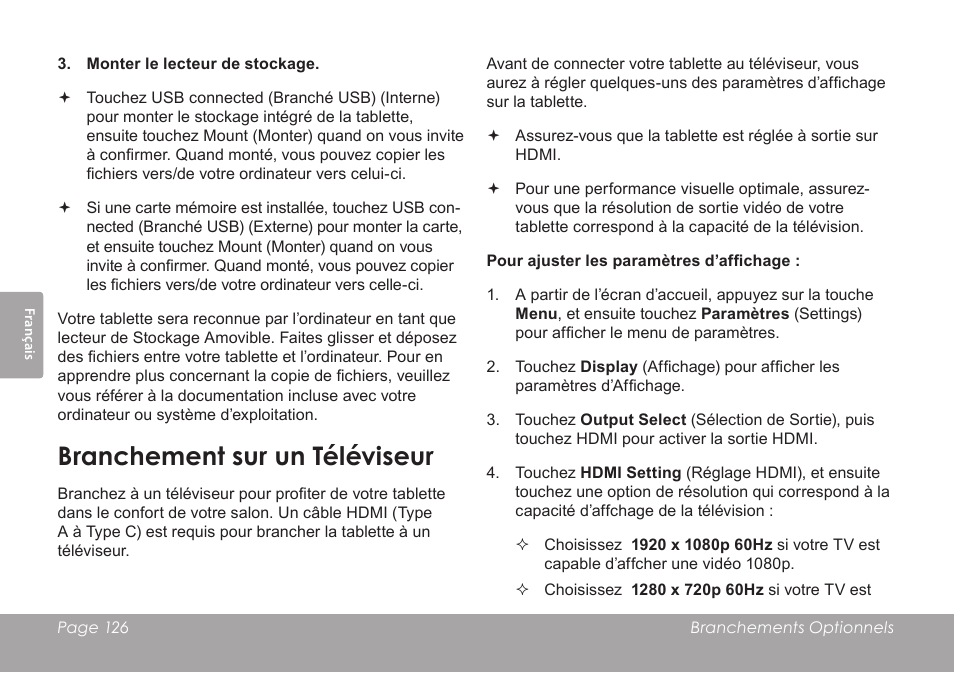 Branchement sur un téléviseur | COBY electronic MID8120 User Manual | Page 126 / 136