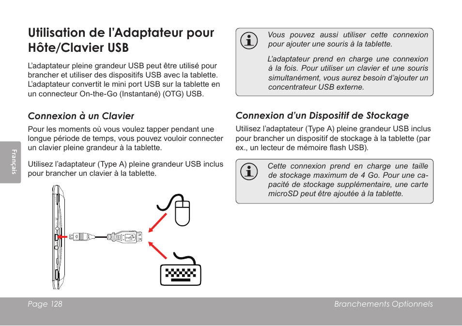 Utilisation de l’adaptateur pour hôte/clavier usb, Connexion à un clavier, Connexion d’un dispositif de stockage | COBY electronic MID8120 User Manual | Page 128 / 136