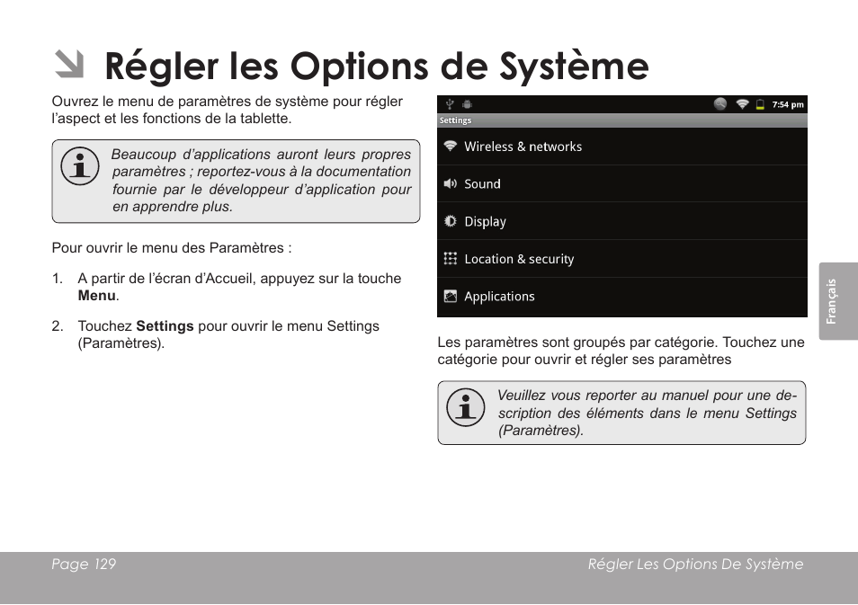 Régler les options de système | COBY electronic MID8120 User Manual | Page 129 / 136