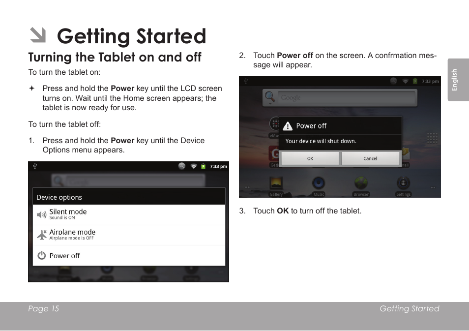Getting started, Turning the tablet on and off | COBY electronic MID8120 User Manual | Page 15 / 136