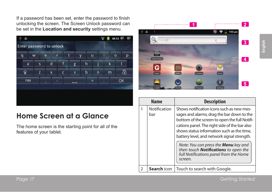 Home screen at a glance | COBY electronic MID8120 User Manual | Page 17 / 136