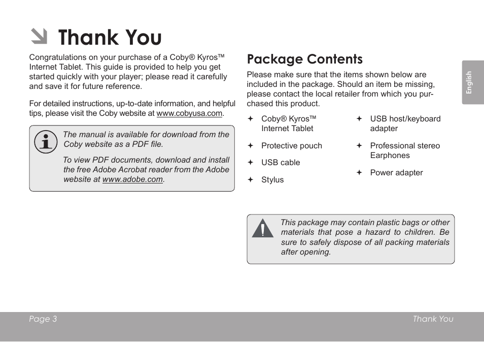 Package contents | COBY electronic MID8120 User Manual | Page 3 / 136