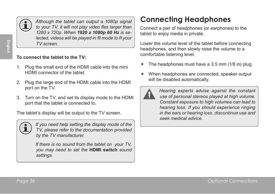 Connecting headphones | COBY electronic MID8120 User Manual | Page 36 / 136