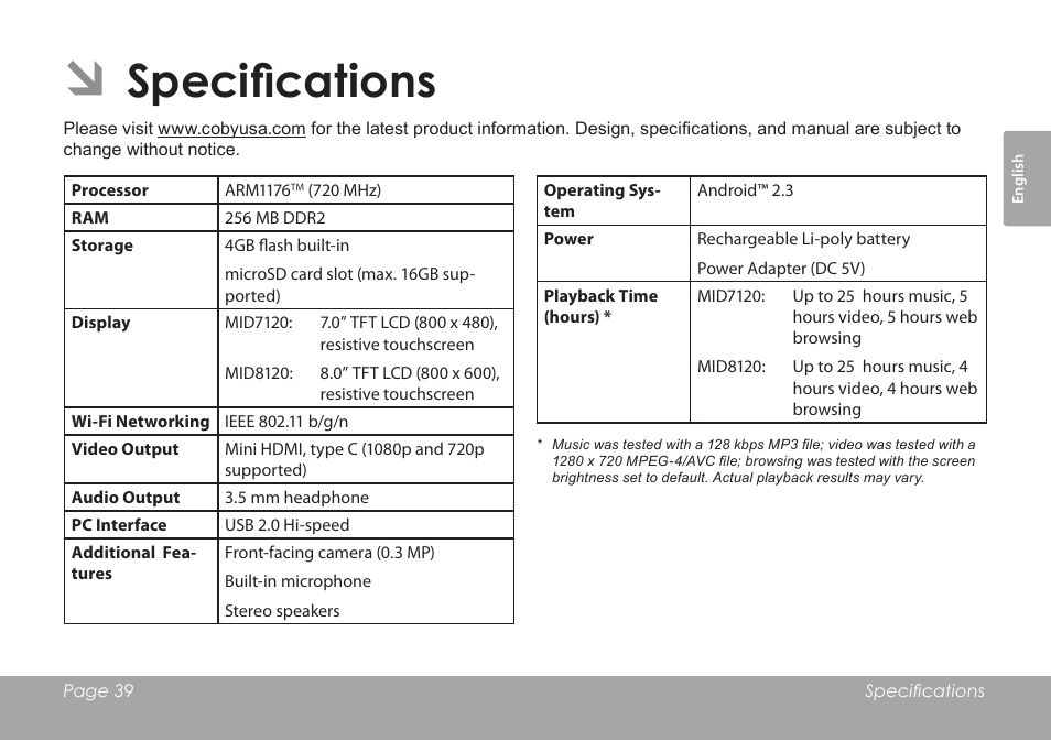 Specifications | COBY electronic MID8120 User Manual | Page 39 / 136