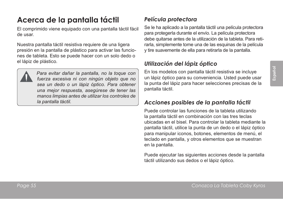 Acerca de la pantalla táctil | COBY electronic MID8120 User Manual | Page 55 / 136