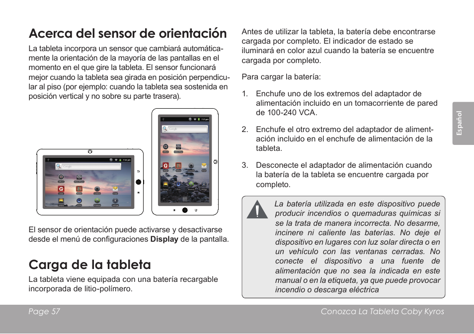 Acerca del sensor de orientación, Carga de la tableta | COBY electronic MID8120 User Manual | Page 57 / 136