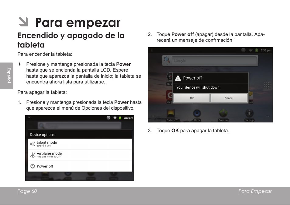 Para empezar, Encendido y apagado de la tableta | COBY electronic MID8120 User Manual | Page 60 / 136