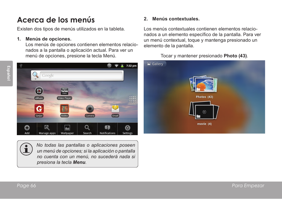 Acerca de los menús | COBY electronic MID8120 User Manual | Page 66 / 136