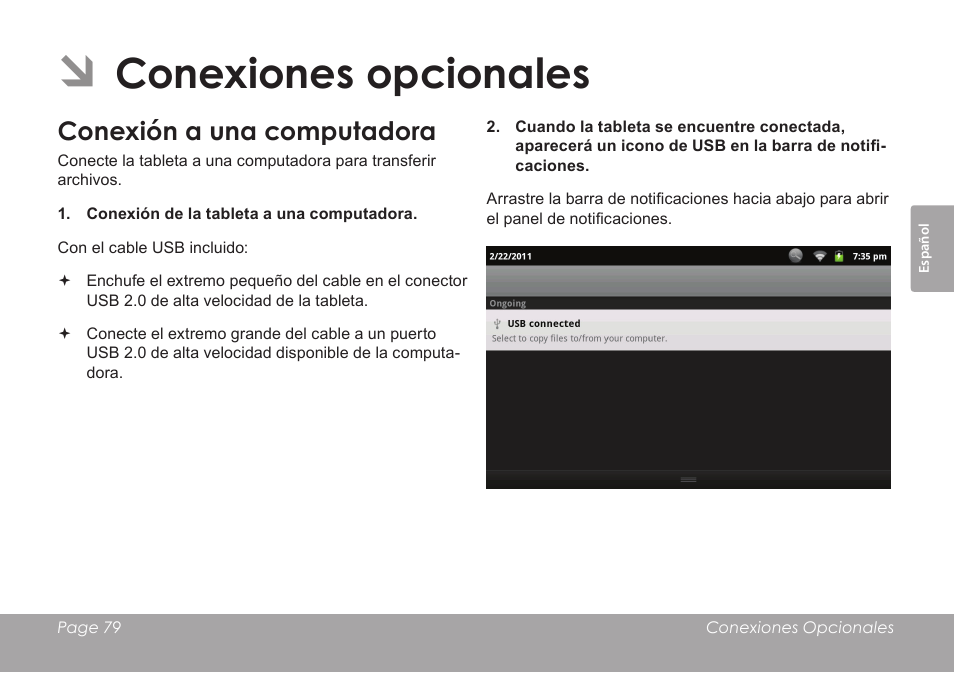 Conexiones opcionales, Conexión a una computadora | COBY electronic MID8120 User Manual | Page 79 / 136