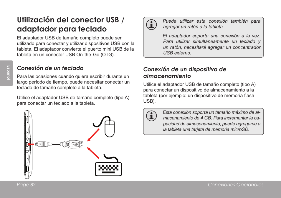 Conexión de un teclado, Conexión de un dispositivo de almacenamiento | COBY electronic MID8120 User Manual | Page 82 / 136