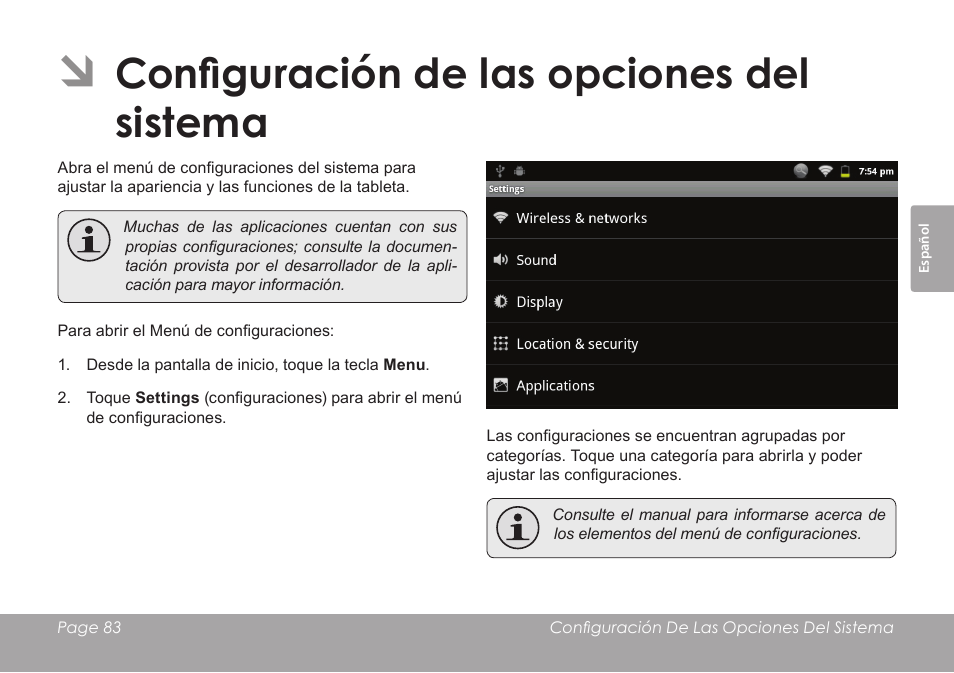 Configuración de las opciones del sistema | COBY electronic MID8120 User Manual | Page 83 / 136