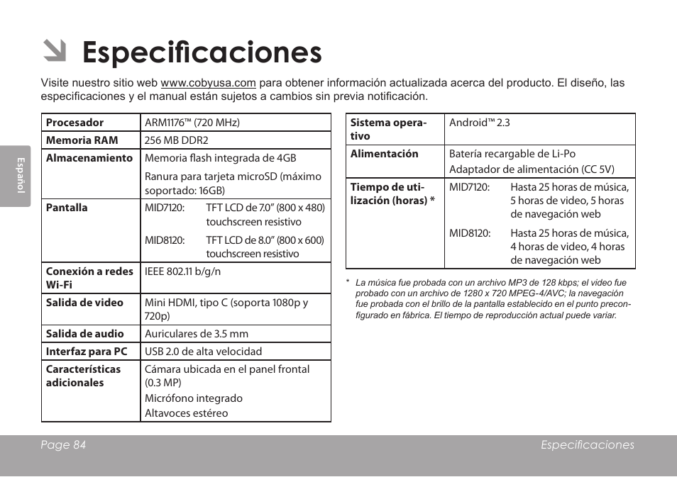 Especificaciones | COBY electronic MID8120 User Manual | Page 84 / 136