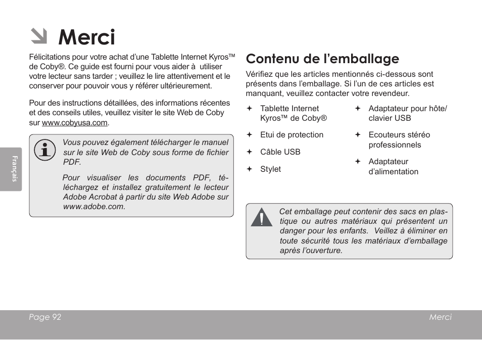 Merci, Contenu de l’emballage | COBY electronic MID8120 User Manual | Page 92 / 136