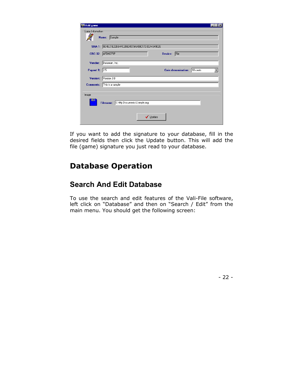 Database operation search and edit database | Dataman Vali-File 3.0 User Manual | Page 22 / 27