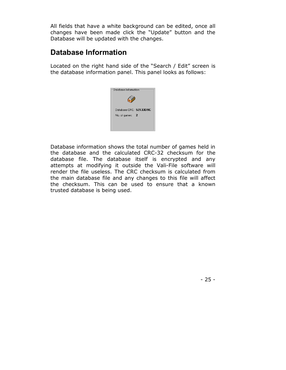 Database information | Dataman Vali-File 3.0 User Manual | Page 25 / 27