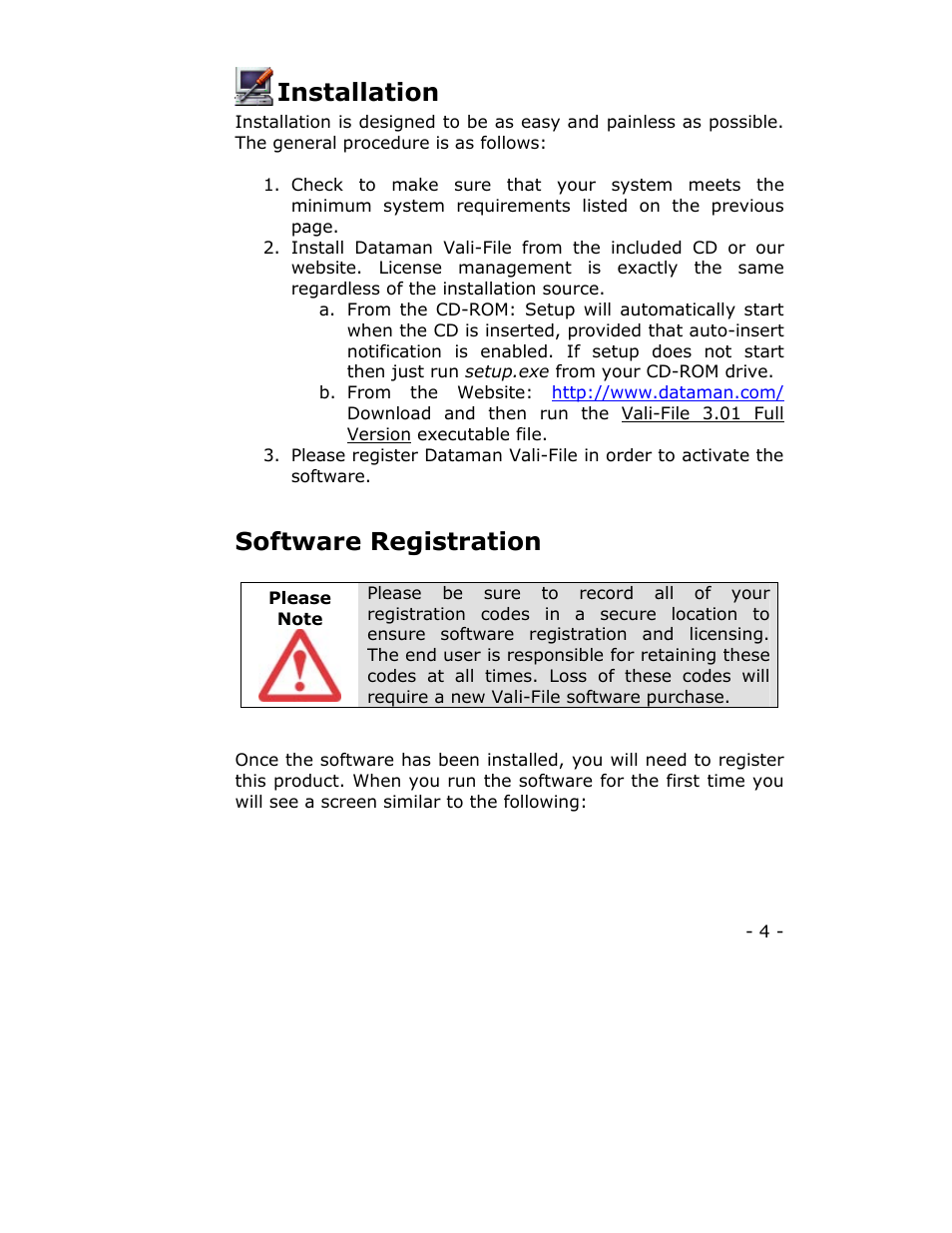 Search and edit database, Database information, Installation | Software registration | Dataman Vali-File 3.0 User Manual | Page 4 / 27