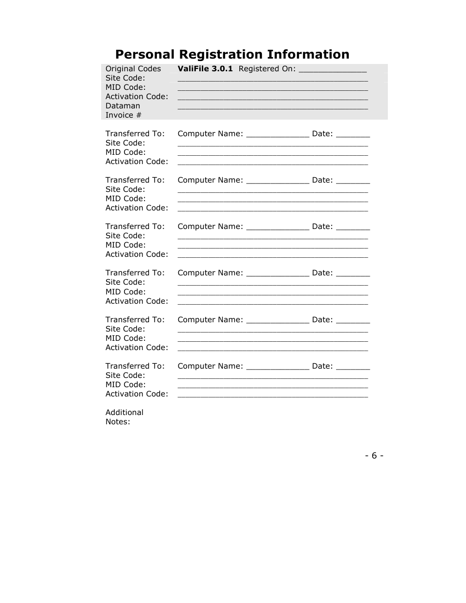 Database backup/restore operations, Personal registration information | Dataman Vali-File 3.0 User Manual | Page 6 / 27