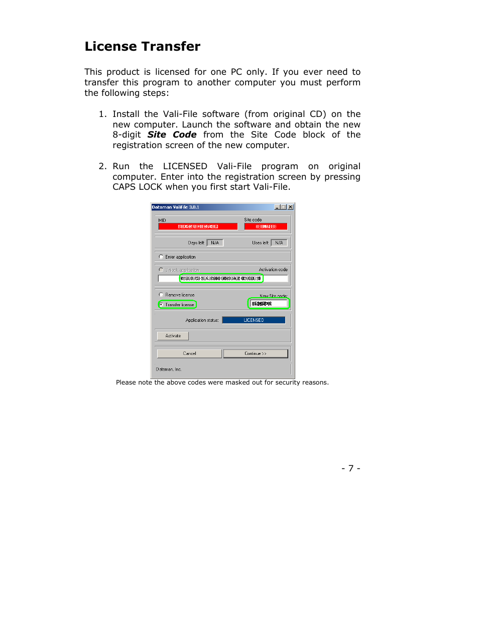 License transfer | Dataman Vali-File 3.0 User Manual | Page 7 / 27