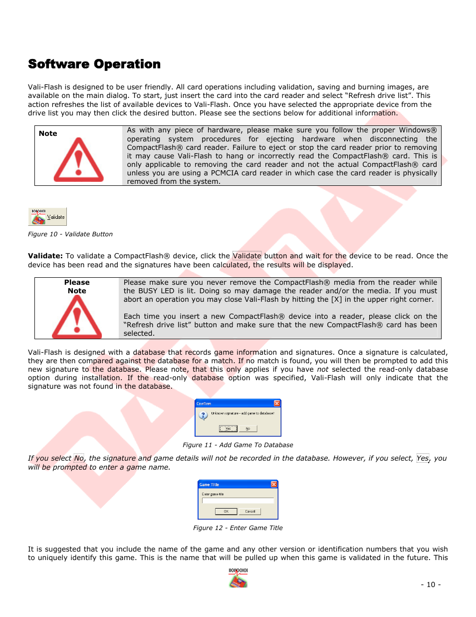 Software operation, Figure 10 - validate button, Figure 11 - add game to database | Figure 12 - enter game title | Dataman Vali-Flash 4.1 User Manual | Page 10 / 20