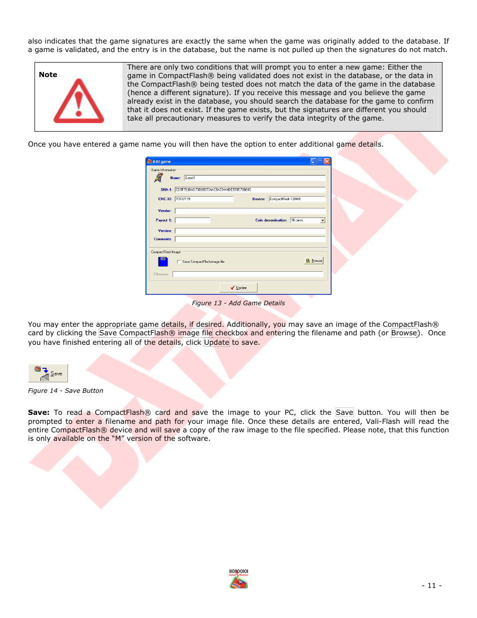 Figure 13 - add game details, Figure 14 - save button | Dataman Vali-Flash 4.1 User Manual | Page 11 / 20
