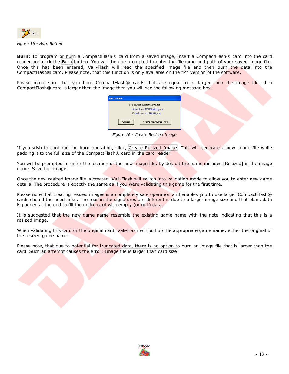 Figure 15 - burn button, Figure 16 - create resized image | Dataman Vali-Flash 4.1 User Manual | Page 12 / 20