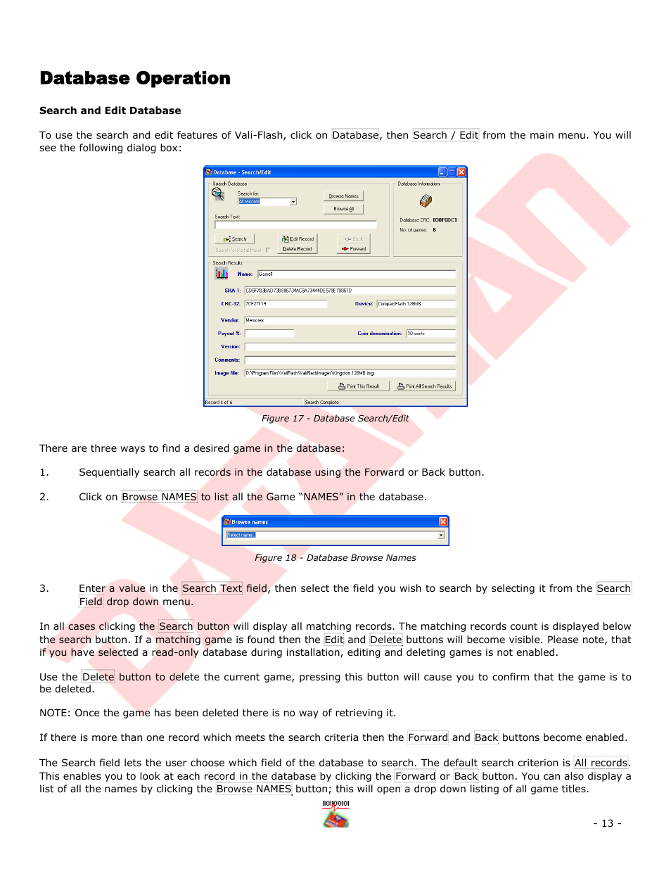 Database operation, Figure 17 - database search/edit, Figure 18 - database browse names | Dataman Vali-Flash 4.1 User Manual | Page 13 / 20