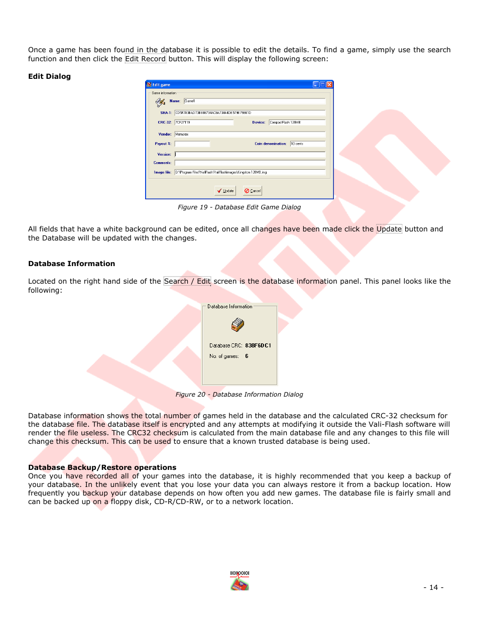Figure 19 - database edit game dialog, Figure 20 - database information dialog | Dataman Vali-Flash 4.1 User Manual | Page 14 / 20