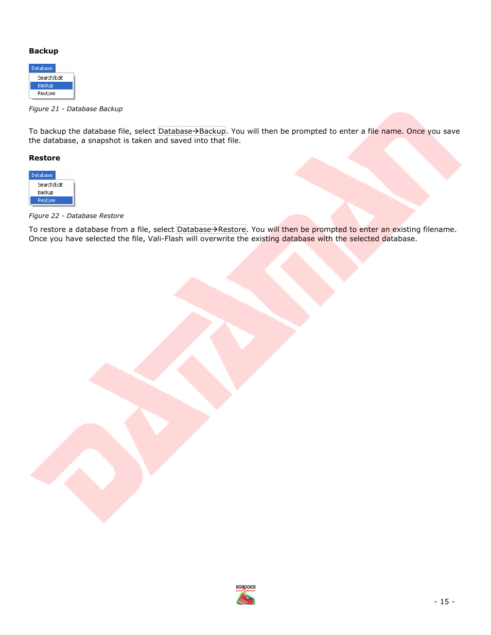 Figure 21 - database backup, Figure 22 - database restore | Dataman Vali-Flash 4.1 User Manual | Page 15 / 20