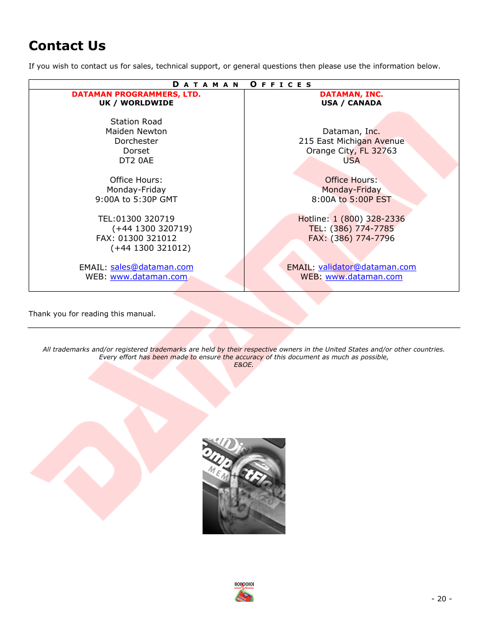 Dataman offices, Dataman programmers, ltd, Uk / worldwide | Dataman, inc, Usa / canada, Contact us | Dataman Vali-Flash 4.1 User Manual | Page 20 / 20