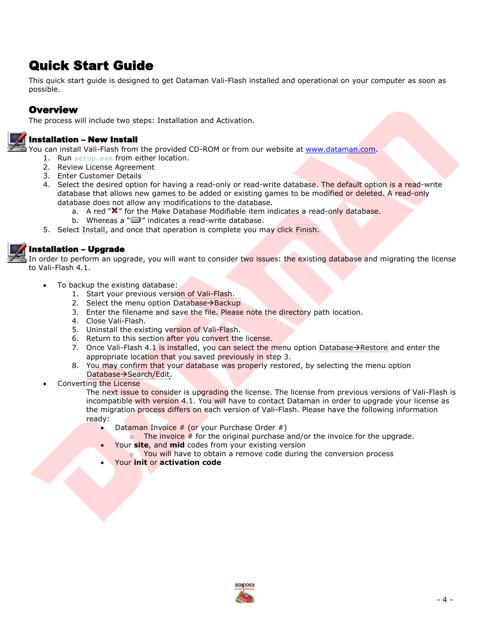 Quick start guide, Overview, Installation – new install | Installation – upgrade, Verview | Dataman Vali-Flash 4.1 User Manual | Page 4 / 20