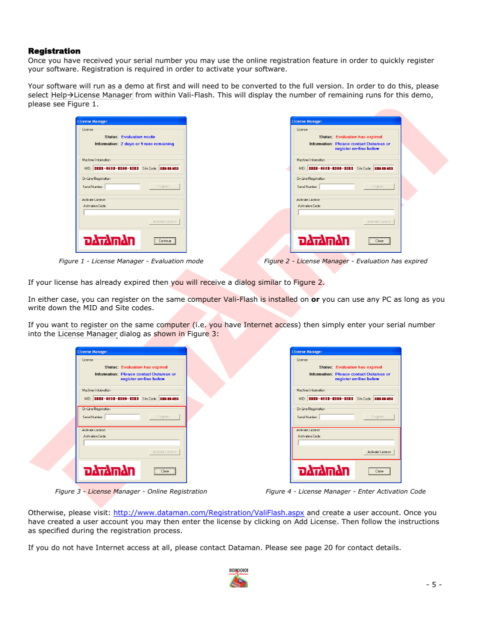 Registration, Figure 1 - license manager - evaluation mode, Figure 3 - license manager - online registration | Figure 4 - license manager - enter activation code | Dataman Vali-Flash 4.1 User Manual | Page 5 / 20