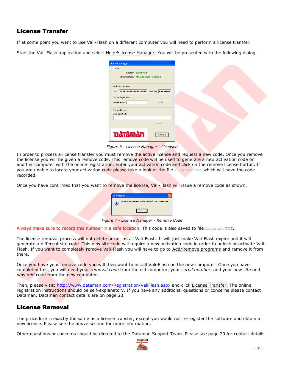License transfer, License removal, Icense | Ransfer, Emoval, Figure 6 - license manager - licensed, Figure 7 - license manager - remove code | Dataman Vali-Flash 4.1 User Manual | Page 7 / 20